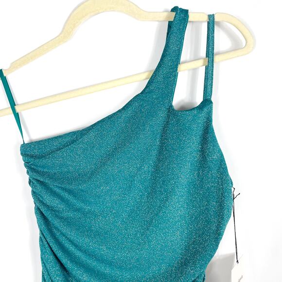 Superdown Jayden Mini Dress Blue‎ Shimmer Asymmetrical One Shoulder Jersey Sz M - Picture 5 of 12